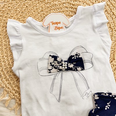 Conj. Regata Laço e Short Saia Floral - Branco e Marinho